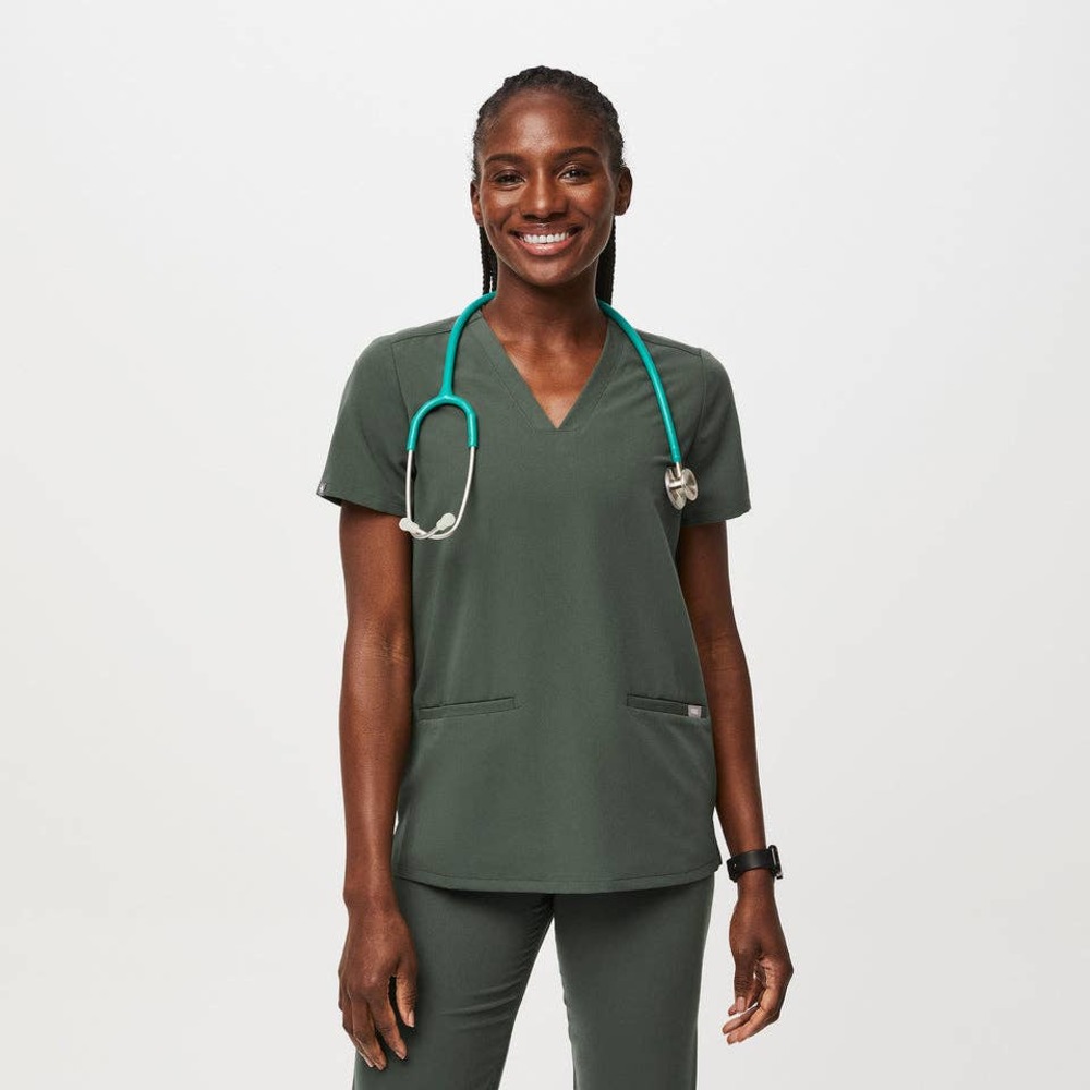 Figs Technical Collection Casma Three Pocket Scrub Top Moss Green Large Vneck